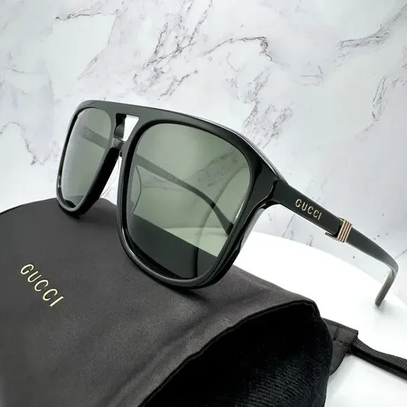 New GUCCI Sunglasses Black Aviator Pilot Gold Logo Metal Red Green Web Gucci - Picture 5 of 16